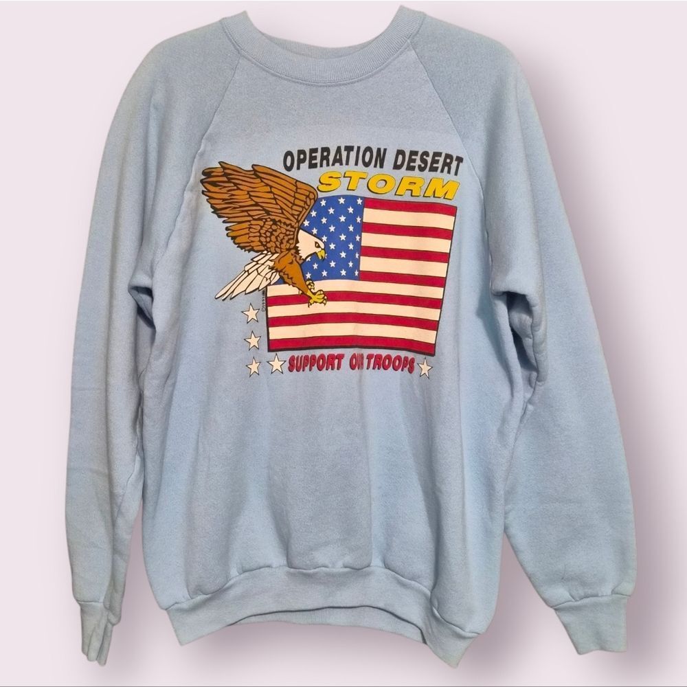 Operation Desert Storm Sweatshirt XL Powder Blue Iraq Eagle Flag Support VTG EUC